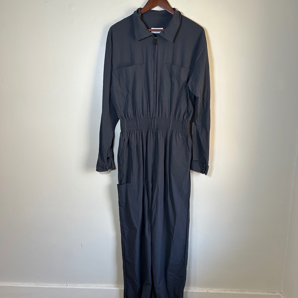 EUC Rivet Utility Jumpsuit Explorer Size L Gray Zip Front Elastic Waist Tech